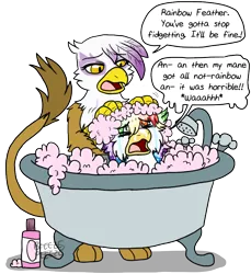 Size: 800x872 | Tagged: safe, artist:breezepleeze, derpibooru import, gilda, oc, oc:rainbow feather, gryphon, bath, bathing, bathtub, bubble bath, claw foot bathtub, dye, interspecies offspring, magical lesbian spawn, mom gilda, mother and daughter, offspring, parent:gilda, parent:rainbow dash, parents:gildash, rainbow hair, shampoo, whining