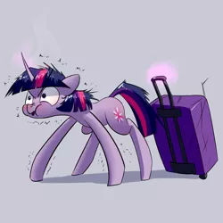 Size: 1200x1200 | Tagged: safe, derpibooru import, twilight sparkle, pony, unicorn, derpin daily, :p, :t, angry, female, floppy ears, glare, magic, mare, messy mane, nose wrinkle, puffy cheeks, shivering, solo, straining, suitcase, telekinesis, tongue out, wide eyes