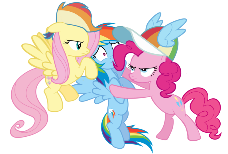 Size: 2989x2025 | Tagged: dead source, safe, derpibooru import, fluttershy, pinkie pie, rainbow dash, earth pony, pegasus, pony, female, flutterdash, hat, lesbian, love triangle, pinkiedash, possessive, rainbow dash gets all the mares, shipping, simple background, this will end in polygamy, transparent background, vector, wig