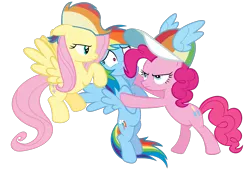 Size: 2989x2025 | Tagged: dead source, safe, derpibooru import, fluttershy, pinkie pie, rainbow dash, earth pony, pegasus, pony, female, flutterdash, hat, lesbian, love triangle, pinkiedash, possessive, rainbow dash gets all the mares, shipping, simple background, this will end in polygamy, transparent background, vector, wig