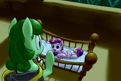 Size: 3000x2000 | Tagged: artist:nadnerbd, crib, derpibooru import, fanfic art, fanfic:the first time you see her, female, filly, oc, oc:kale, princess cadance, safe, younger