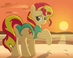 Size: 13500x10800 | Tagged: suggestive, artist:xniclord789x, derpibooru import, sunset shimmer, pony, unicorn, equestria girls, absurd resolution, beach, bedroom eyes, bikini, bunset shimmer, clothes, female, looking at you, plot, solo, solo female, sunset, swimsuit