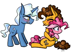 Size: 4000x2857 | Tagged: safe, artist:littlecloudie, derpibooru import, cheese sandwich, pinkie pie, pokey pierce, :p, :t, blushing, cheesepie, eyes closed, female, frown, glare, gritted teeth, hug, love triangle, male, pinkie pie gets all the stallions, pokeypie, raspberry, shipping, straight, tongue out, waifu thief