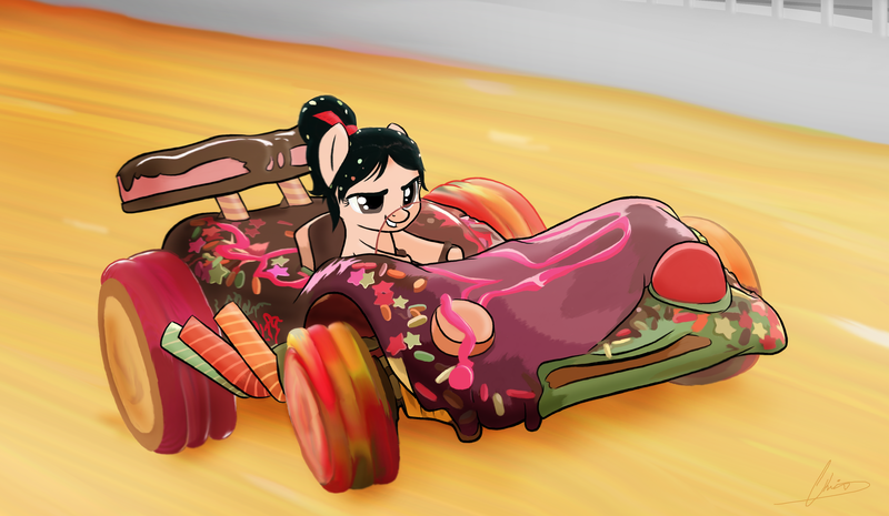 Size: 3796x2208 | Tagged: artist:oinktweetstudios, car, derpibooru import, ponified, racecar, safe, solo, vanellope von schweetz, wreck-it ralph