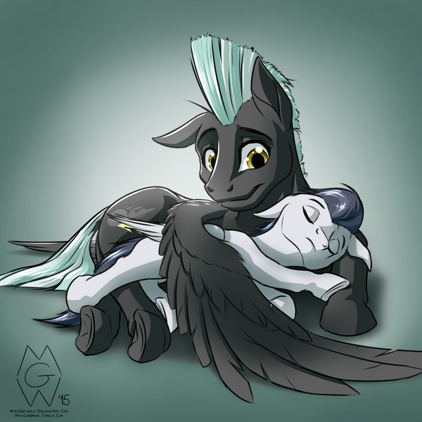 Size: 2000x2000 | Tagged: safe, artist:mykegreywolf, derpibooru import, rumble, thunderlane, pegasus, pony, brotherly love, brothers, colt, cute, eyes closed, floppy ears, fluffy, gradient background, hug, lying down, male, prone, rumblebetes, side, sleeping, smiling, sploot, stallion, underhoof, winghug