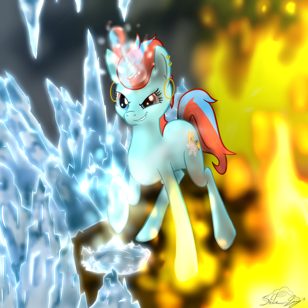 Size: 2500x2500 | Tagged: artist:14silverlining, cryomancy, derpibooru import, fire, ice, magic, oc, oc:hail fire, pyromancy, safe, solo, unofficial characters only