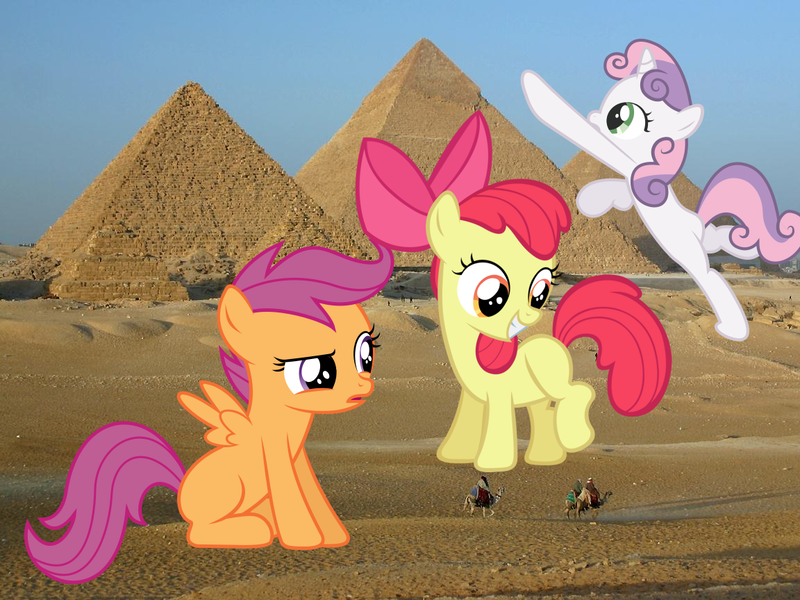 Size: 1152x864 | Tagged: safe, artist:bigccv, artist:lilcinnamon, artist:somerandomminion, artist:synthrid, derpibooru import, apple bloom, scootaloo, sweetie belle, pony, .svg available, cutie mark crusaders, egypt, giant pony, irl, macro, photo, ponies in real life, pyramid, svg, vector