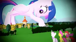 Size: 1360x768 | Tagged: dead source, safe, artist:dodo1500, derpibooru import, apple bloom, scootaloo, sweetie belle, twilight sparkle, twilight sparkle (alicorn), alicorn, pony, 3d, cutie mark crusaders, female, giant pony, giantess, gmod, growth, macro, mare