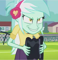 Size: 420x431 | Tagged: safe, derpibooru import, edit, edited screencap, screencap, lyra heartstrings, all's fair in love and friendship games, equestria girls, friendship games, creepy, creepy smile, evil grin, grin, hat, insanity, inverted mouth, jealous, pure unfiltered evil, sin of envy, smiling, solo, this will end in pain