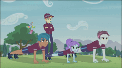 Size: 642x360 | Tagged: safe, derpibooru import, screencap, carlos thunderbolt, coach rommel, crystal lullaby, pinkie pie, rainbow dash, track starr, equestria girls, friendship games, pinkie spy (short), animated, background human, balloon, coach, crossed arms, crystal prep academy, crystal prep academy students, crystal prep shadowbolts, floating, frown, glasses, gritted teeth, hat, legs, lidded eyes, open mouth, pinkie being pinkie, pinkie physics, push-ups, spying, then watch her balloons lift her up to the sky, wat, whistle
