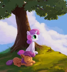 Size: 900x965 | Tagged: artist:maggwai, cloud, cloudy, dead source, derpibooru import, prone, safe, scootaloo, sitting, sleeping, sweetie belle, tree