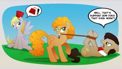 Size: 1366x768 | Tagged: safe, artist:lissystrata, derpibooru import, derpy hooves, doctor whooves, time turner, ponified, pony, bowtie, crossover, doctor who, eleventh doctor, fez, hat, lasso, mouth hold, river song, rope, tied up