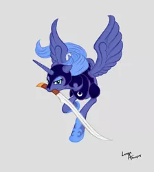 Size: 895x1000 | Tagged: safe, artist:lunarapologist, derpibooru import, princess luna, alicorn, pony, armor, artifact, gray background, mouth hold, s1 luna, simple background, solo, sword, warrior, warrior luna