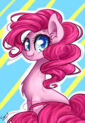 Size: 696x1000 | Tagged: safe, artist:iponylover, derpibooru import, pinkie pie, earth pony, pony, cheek fluff, chest fluff, colored pupils, cute, diapinkes, ear fluff, female, looking at you, mare, sitting, solo