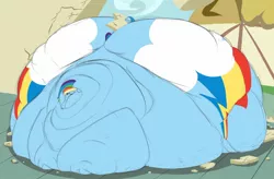 Size: 1280x841 | Tagged: artist:astr0zone, ass, backwards cutie mark, bingo wings, blob, cellulite, chubby cheeks, derpibooru import, fat, impossibly large belly, impossibly large butt, impossibly large everything, impossibly obese, impossibly wide hips, morbidly obese, near immobile, neck roll, obese, property damage, rainblob dash, rainbow dash, rolls of fat, suggestive, wide hips