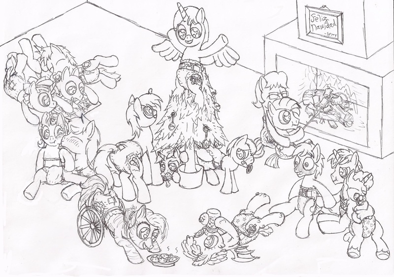 Size: 2350x1650 | Tagged: amputee, artist:datspaniard, christmas tree, derpibooru import, diaper, diaper fetish, monochrome, oc, oc:dat spany, oc:frosty, oc:nika, oc:nkechinyerembi, oc:polaris, oc:tenerius, questionable, tree, unofficial characters only, wheelchair