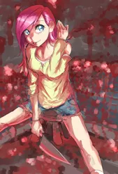 Size: 1181x1748 | Tagged: artist:magiace, derpibooru import, grimdark, human, humanized, knife, pinkamena diane pie, pinkie pie, pixiv, solo