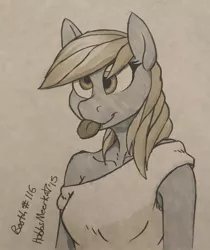 Size: 1077x1280 | Tagged: safe, artist:hobbsmeerkat, derpibooru import, derpy hooves, anthro, bronycon, markers, solo, tongue out, traditional art