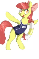 Size: 1181x1748 | Tagged: safe, artist:magiace, derpibooru import, apple bloom, earth pony, pony, adorabloom, bipedal, clothes, cute, female, filly, inflatable, inner tube, one-piece swimsuit, school swimsuit, solo, sukumizu, swimsuit
