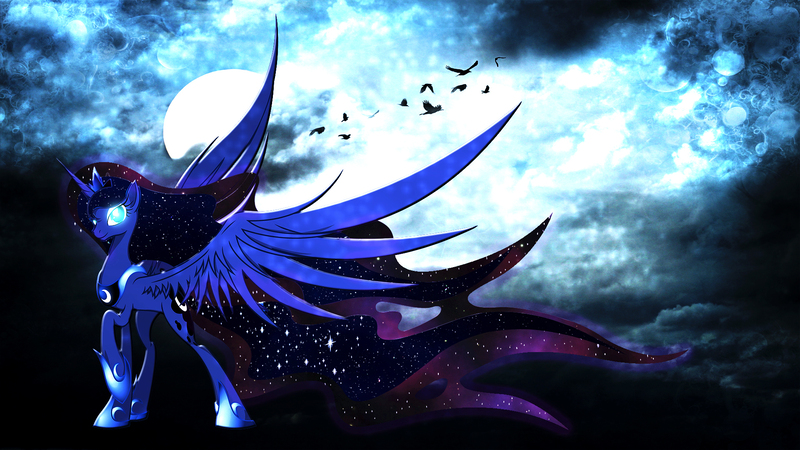 Size: 1920x1080 | Tagged: safe, artist:barrfind, artist:nemesis360, derpibooru import, princess luna, alicorn, bird, pony, dem wings, female, full moon, glowing eyes, mare, solo, vector, wallpaper