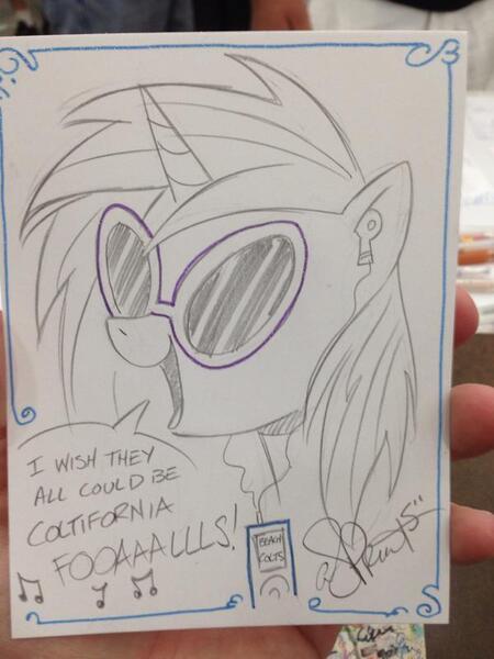 Size: 600x800 | Tagged: safe, artist:andypriceart, derpibooru import, vinyl scratch, ponified, pony, unicorn, california girls, earbuds, female, ipod, mare, open mouth, photo, signature, singing, solo, song reference, the beach boys, the beach colts, traditional art