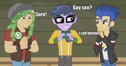 Size: 960x503 | Tagged: suggestive, derpibooru import, edit, edited screencap, screencap, flash sentry, microchips, sandalwood, a banner day, equestria girls, friendship games, caption, flashwood, image macro, implied anal, implied gay, implied sex, implied threesome, male, meme, microflash, out of context, roflbot, sandalchips, shipping