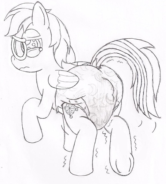 Size: 900x1000 | Tagged: accident, artist:datspaniard, daring do, derpibooru import, diaper, diaper fetish, messy diaper, monochrome, poop, questionable, scat, underhoof, urine, wet diaper