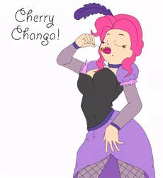 Size: 818x888 | Tagged: safe, artist:moe-kawaii-sunshine, derpibooru import, pinkie pie, human, over a barrel, beauty mark, cherry, clothes, dress, eyes closed, humanized, open mouth, saloon dress, saloon pinkie, solo, tongue out