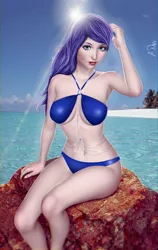 Size: 900x1421 | Tagged: armpits, artist:leelah-sama, belly button, belly chain, bikini, blushing, breasts, busty rarity, cleavage, clothes, derpibooru import, female, human, humanized, island, jewelry, lipstick, looking at you, midriff, ocean, pose, rarity, rock, sitting, solo, suggestive, swimsuit, water