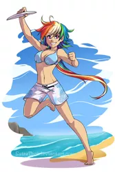 Size: 600x900 | Tagged: armpits, artist:satrathai, barefoot, beach, belly button, bikini, bikini top, cleavage, clothes, derpibooru import, feet, female, frisbee, human, humanized, midriff, rainbow dash, safe, shorts, smiling, solo, swimming trunks, swimsuit, swim trunks, toes