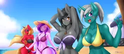 Size: 1280x563 | Tagged: anthro, anthro oc, armpits, artist:mleonheart, beach, belly button, bikini, blushing, breasts, clothes, derpibooru import, hat, necklace, oc, oc:aaricia, oc:milagra lilac, oc:scarlet rose, oc:seabreeze, ponytail, smiling, suggestive, sunglasses, sun hat, swimsuit, unofficial characters only, wink