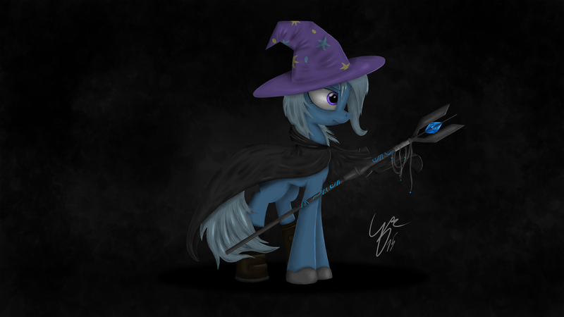 Size: 8192x4608 | Tagged: safe, artist:j3rykcz, derpibooru import, trixie, pony, unicorn, absurd resolution, clothes, coat, epic, female, great and powerful, hole, mare, solo, staff