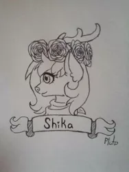 Size: 720x960 | Tagged: artist:pluto, banner, commission, deer pony, derpibooru import, monochrome, oc, oc:shika, original species, ribbon, rose crown, safe, solo, traditional art, unofficial characters only