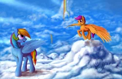 Size: 1600x1035 | Tagged: safe, artist:xormak, derpibooru import, rainbow dash, scootaloo, rainbow falls, big sister, cloud, cloudy, emotional, looking at each other, scootaloo can fly, signature, spread wings