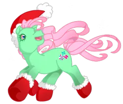 Size: 889x755 | Tagged: artist:prettywitchdoremi, christmas, clothes, derpibooru import, g3, hat, minty, safe, santa hat, socks, solo