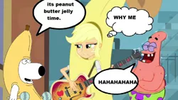 Size: 1024x576 | Tagged: safe, derpibooru import, edit, edited screencap, screencap, applejack, a case for the bass, equestria girls, banana suit, bananajack, brian griffin, family guy, patrick star, spongebob squarepants