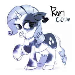 Size: 640x640 | Tagged: safe, artist:remyroez, derpibooru import, rarity, cow, cow pony, unicorn, bell, bell collar, cloven hooves, collar, cowbell, cowified, ear tag, female, mare, monochrome, nose ring, piercing, raised hoof, raricow, species swap, udder