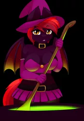 Size: 1125x1620 | Tagged: suggestive, artist:kloudmutt, derpibooru import, oc, unofficial characters only, anthro, bat pony, cauldron, clothes, collar, costume, female, hat, slit eyes, solo, solo female, witch, witch hat