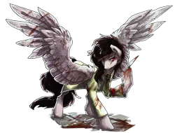 Size: 1583x1203 | Tagged: semi-grimdark, artist:koviry, derpibooru import, oc, oc:winged cross, unofficial characters only, pegasus, pony, blood, clothes, red eyes, scalpel, solo