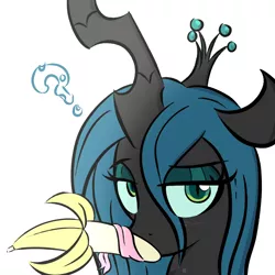 Size: 1000x1000 | Tagged: artist needed, suggestive, derpibooru import, queen chrysalis, banana, bananajob, bedroom eyes, blushing, drool, implied blowjob, implied oral, implied sex, licking, long tongue, looking at you, portrait, question mark, simple background, solo, suggestive eating, tentacle tongue, tongue out, white background