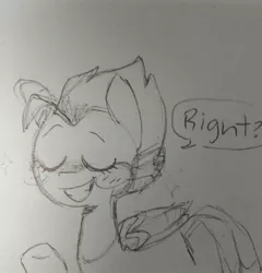 Size: 960x998 | Tagged: artist needed, safe, derpibooru import, oc, unofficial characters only, bird pone, blue jay, blushing, dialogue, eyes closed, monochrome, smiling, solo, traditional art