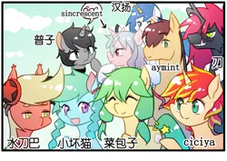 Size: 880x623 | Tagged: artist:sweetsound, chinese text, derpibooru import, group, hand, oc, oc:aymint, oc:baba, oc:caibaoreturn, oc:ciciya, oc:knifedragon, oc:kura, oc:red bean buns, oc:robit-85, oc:sincrescent, oc:水刀巴, safe, unofficial characters only