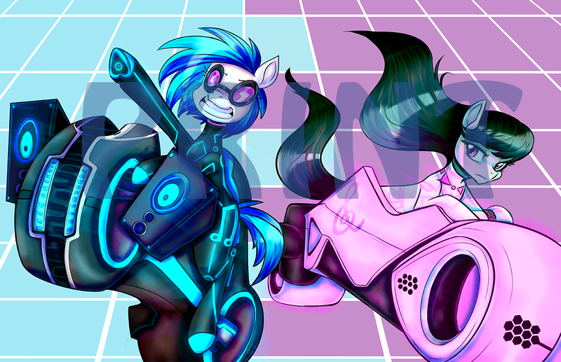 Size: 1200x776 | Tagged: artist:jitterbugjive, artist:sinsays, crossover, derpibooru import, lightcycle, motorcycle, obtrusive watermark, octavia melody, safe, tron, vinyl scratch, watermark