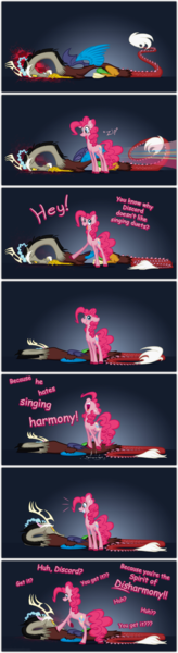 Size: 1263x4624 | Tagged: artist:grievousfan, comic, derpibooru import, discord, disharmony, duet, glare, harmony, pinkie being pinkie, pinkie pie, pun, safe, singing