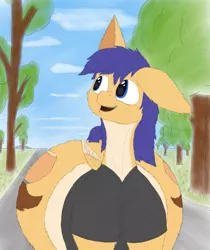 Size: 891x1063 | Tagged: safe, artist:jesseorange, derpibooru import, oc, oc:jesse orange, unofficial characters only, pegasus, pony, clothes, fat, front view butt, impossibly wide hips, outdoors, shirt, trail, tree, wide hips