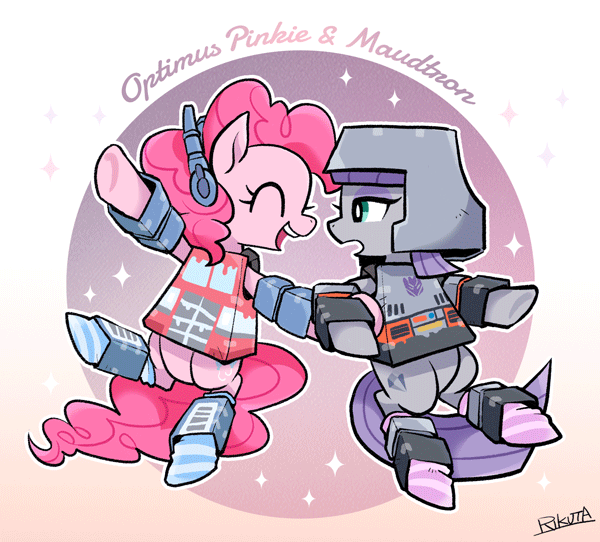 Size: 600x542 | Tagged: artist:rikuta, clothes, derpibooru import, maud pie, megatron, optimus prime, pinkie pie, pixiv, ponkimus prime, safe, socks, striped socks, transformers, wrong cutie mark