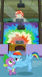 Size: 1100x2027 | Tagged: suggestive, artist:titanium-pony, derpibooru import, edit, edited screencap, screencap, rainbow dash, spike, sunset shimmer, dragon, pegasus, pony, equestria girls, friendship games, spike at your service, the science of magic, bedroom eyes, caption, explosion, female, flying, hug, implied foalcon, implied sex, laboratory, male, mare, personal space invasion, rainbowspike, screencap comic, shipping, smiling, straight, tonight you