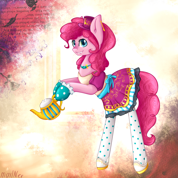 Size: 2100x2100 | Tagged: safe, artist:mailner, derpibooru import, pinkie pie, earth pony, pony, clothes, cosplay, costume, ever after high, female, hat, kettle, madeline hatter, mare, solo, teapot