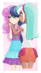 Size: 1080x1920 | Tagged: safe, artist:slackerburst, derpibooru import, bon bon, lyra heartstrings, sweetie drops, human, life is a runway, clothes, dark skin, dress, equestria girls outfit, female, humanized, lesbian, lyrabon, shipping, skirt