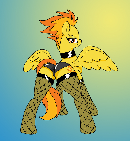 Size: 1398x1517 | Tagged: artist:dragonblood6400, bedroom eyes, clothes, derpibooru import, fishnets, looking at you, looking back, panties, plot, questionable, smiling, solo, spitfire, stockings, stupid sexy spitfire, underwear